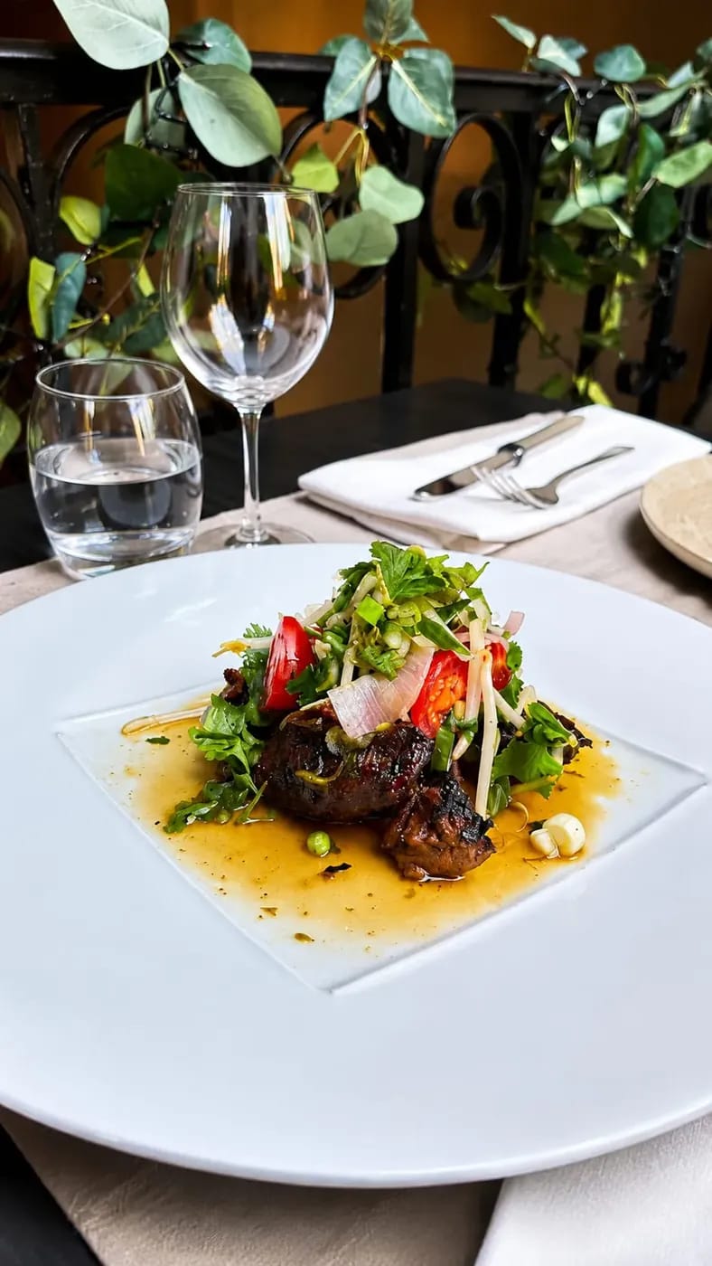 Tigre qui pleure : bœuf grillé, salade d'herbes thaïes et sauce relevée