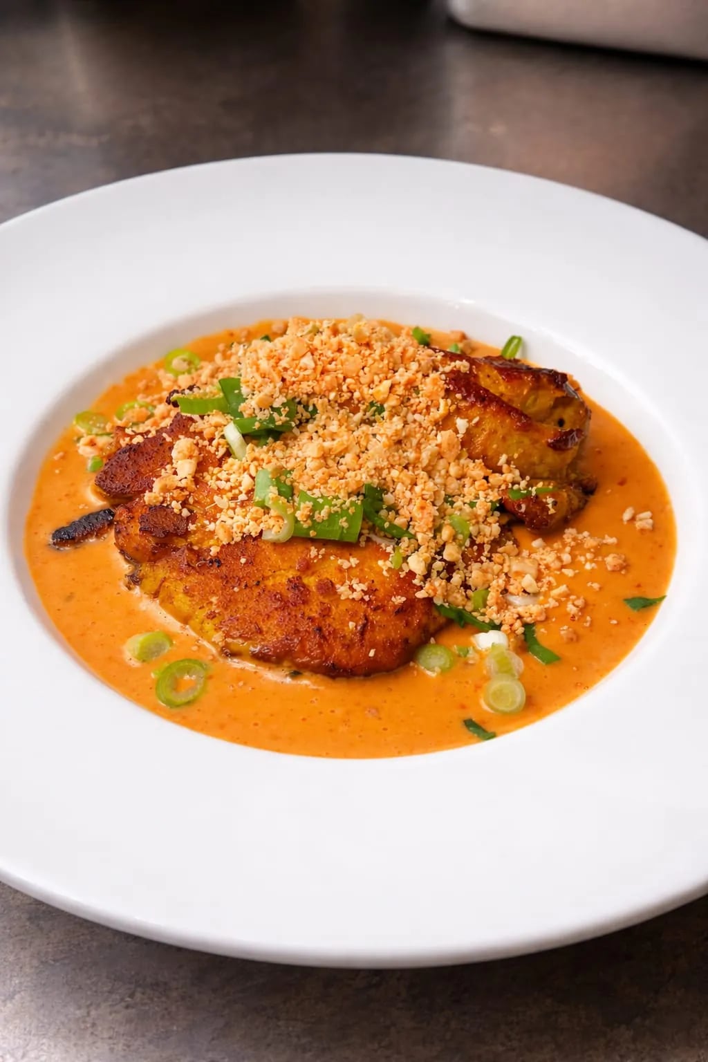 Poulet satay, sauce cacahuète maison, éclats de cacahuète et ciboule